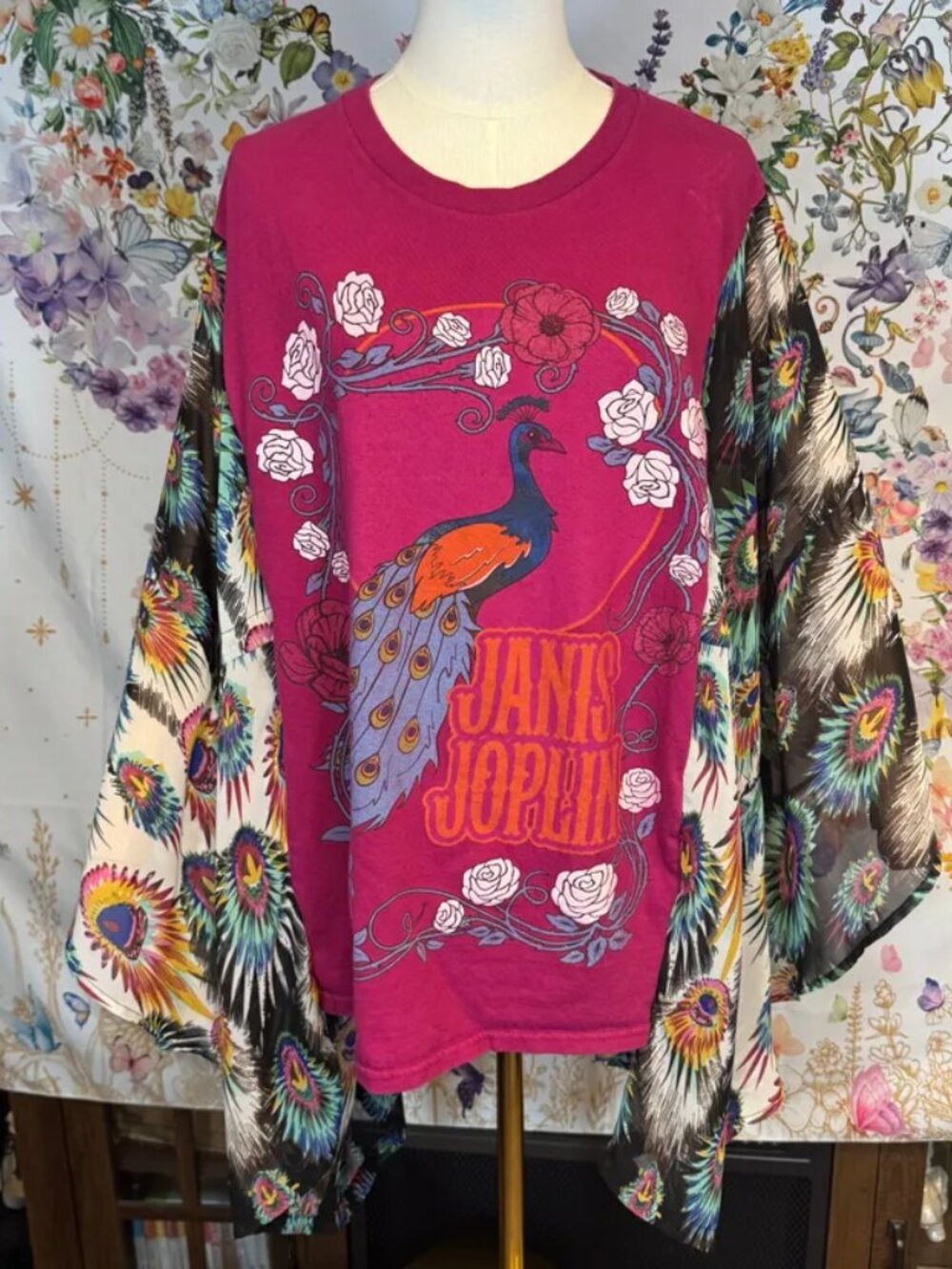 Janis Joplin Upcycled T-Shirt with Flowy Peacock Printed Sheer Sleeves - OSFM